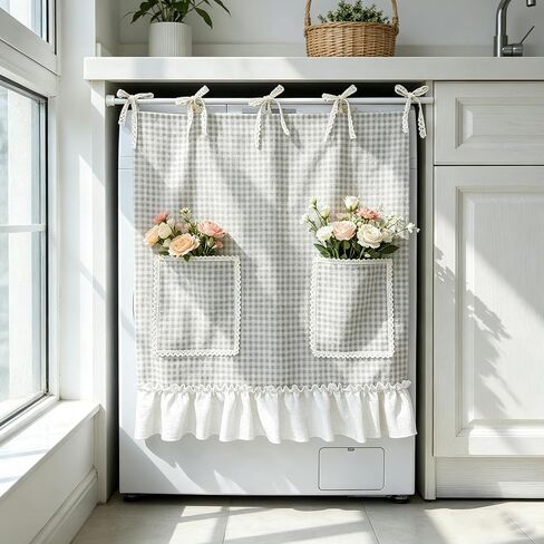 KMSG Vintage Plaid Kitchen Curtain Valance with Storage Pockets Boho Gingham Half Window Drapes for Oven Dishwasher Cabinet Coffee Bar Laundry Room Rod Pocket Top 1 Panel W27 x L20 Inch in Saudi Arabia