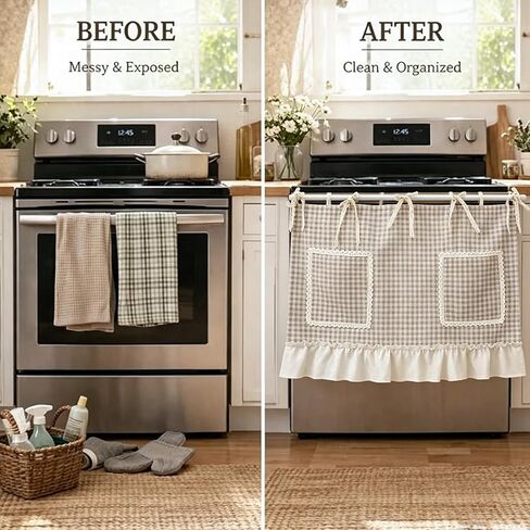 KMSG Vintage Plaid Kitchen Curtain Valance with Storage Pockets Boho Gingham Half Window Drapes for Oven Dishwasher Cabinet Coffee Bar Laundry Room Rod Pocket Top 1 Panel W27 x L20 Inch in Saudi Arabia