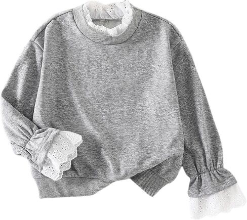 الفتيات Crewneck البلوز الدانتيل تقليم كشكش كم طويل البلوز القمم in Kuwait