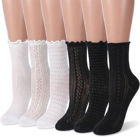 6 Pairs Women's Ruffle Socks, White Lace Socks Frilly Socks Mesh Casual Cotton Crew Socks, Black Summer Thin Cute Lace Socks in Kuwait
