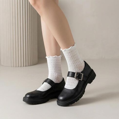 6 Pairs Women's Ruffle Socks, White Lace Socks Frilly Socks Mesh Casual Cotton Crew Socks, Black Summer Thin Cute Lace Socks in Kuwait