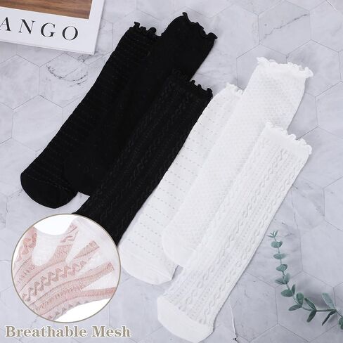 6 Pairs Women's Ruffle Socks, White Lace Socks Frilly Socks Mesh Casual Cotton Crew Socks, Black Summer Thin Cute Lace Socks in Kuwait