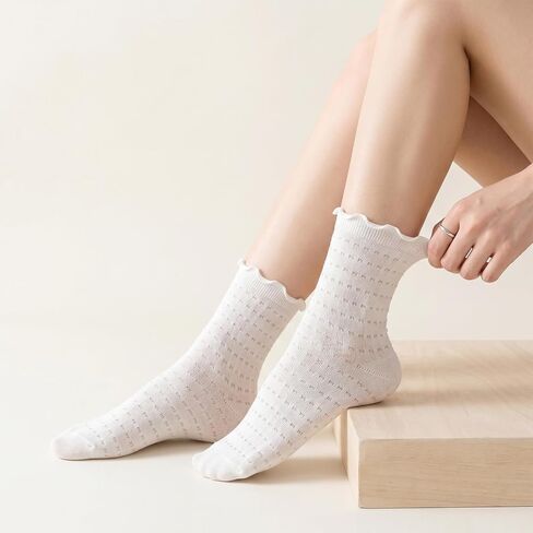 6 Pairs Women's Ruffle Socks, White Lace Socks Frilly Socks Mesh Casual Cotton Crew Socks, Black Summer Thin Cute Lace Socks in Kuwait