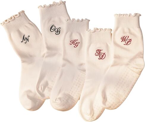 Personalized Embroidered Pilates Grip Socks for Women, Custom Name Ruffled Cute Crew Socks, Monogram Breathable Cotton Sticky Yoga Socks Fitness Trainer Gift for Fitness, Ballet Bar Work & Dance in Saudi Arabia