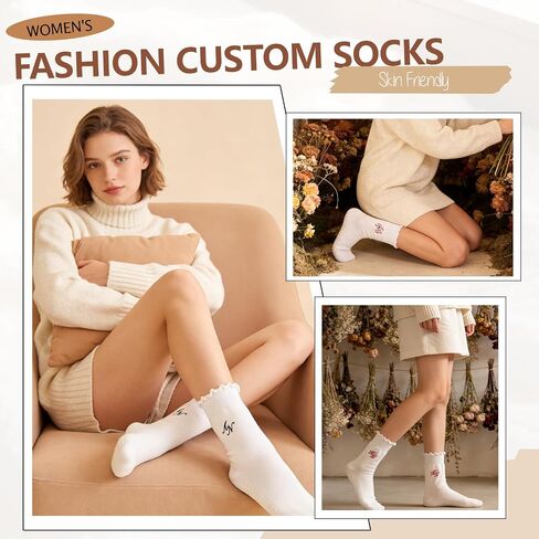 Personalized Embroidered Pilates Grip Socks for Women, Custom Name Ruffled Cute Crew Socks, Monogram Breathable Cotton Sticky Yoga Socks Fitness Trainer Gift for Fitness, Ballet Bar Work & Dance in Saudi Arabia