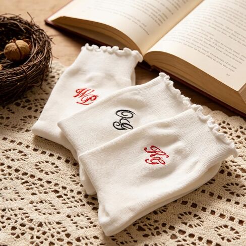 Personalized Embroidered Pilates Grip Socks for Women, Custom Name Ruffled Cute Crew Socks, Monogram Breathable Cotton Sticky Yoga Socks Fitness Trainer Gift for Fitness, Ballet Bar Work & Dance in Saudi Arabia