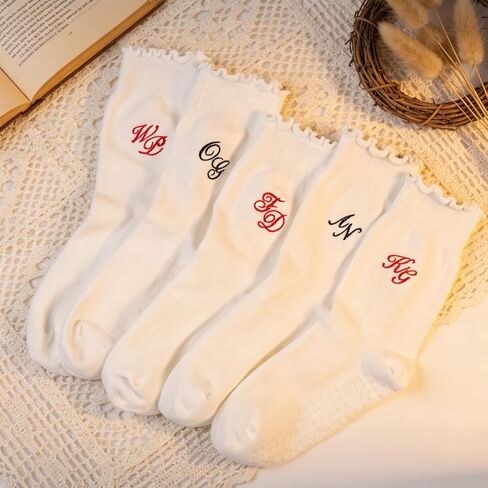 Personalized Embroidered Pilates Grip Socks for Women, Custom Name Ruffled Cute Crew Socks, Monogram Breathable Cotton Sticky Yoga Socks Fitness Trainer Gift for Fitness, Ballet Bar Work & Dance in Saudi Arabia
