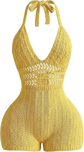 WDIRARA Women's Boho Hollow Out Tie Backless Halter Jumpsuits Deep V Neck Knit One Piece Romper in Kuwait