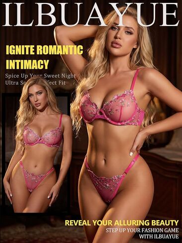 Sheer Mesh Lace Bra and Panty Set with Adjustable Straps in Kuwait