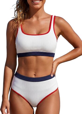 Women's High Waisted Bikini Sets Full Coverage Sporty 2 Piece Swimsuit Ribbed Colorblock Bathing Suits in Saudi Arabia