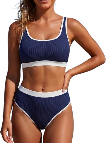 Women's High Waisted Bikini Sets Full Coverage Sporty 2 Piece Swimsuit Ribbed Colorblock Bathing Suits in Saudi Arabia