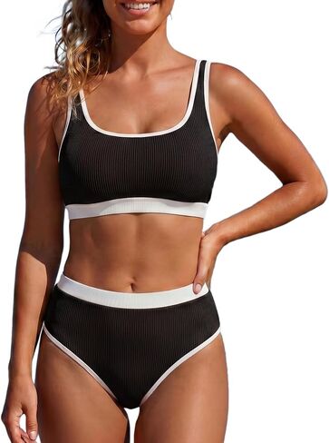 Women's High Waisted Bikini Sets Full Coverage Sporty 2 Piece Swimsuit Ribbed Colorblock Bathing Suits in Saudi Arabia