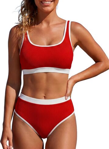 Women's High Waisted Bikini Sets Full Coverage Sporty 2 Piece Swimsuit Ribbed Colorblock Bathing Suits in Saudi Arabia