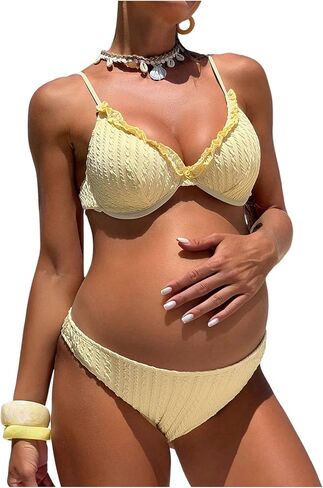MakeMeChic Women's Maternity Two Piece Summer Bikini Sets Push Up Ruffle High Cut Pregnancy Swimsuits in Kuwait