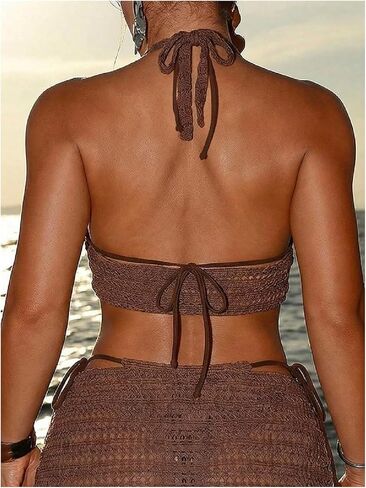 SOLY HUX Women's 4 Piece Swimsuit Halter Triangle String Bikini Set Grommet Eyelet Bathing Suit with Cover Up in Kuwait