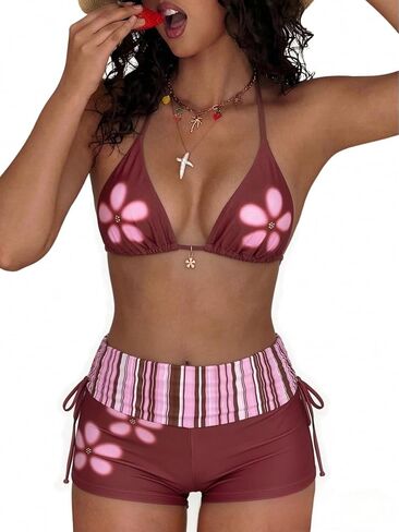 Verdusa Women's 2 Piece Floral Bikini Sets Halter Striped Foldover Boyshorts Swimsuit in Kuwait