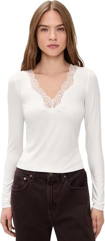 RE/DONE Women's Lace V Neck Long Sleeve Tee in Kuwait