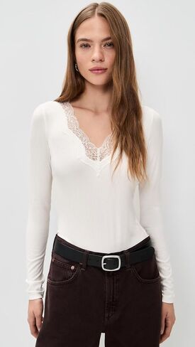 RE/DONE Women's Lace V Neck Long Sleeve Tee in Kuwait