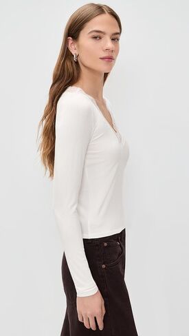 RE/DONE Women's Lace V Neck Long Sleeve Tee in Kuwait