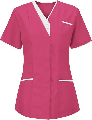 V-Neck Scrub Tops for Women with Snap Front 3 Pocket 2-Way Stretch V Neck Short Sleeve Work Clothes Nurse Uniforms in Kuwait