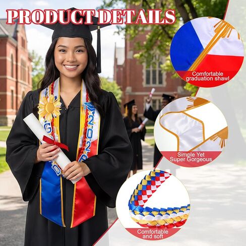 Spakon 2026 Graduation Lei Set, Philippines Embroidered Country Flag Graduation Sash Filipino Stole for Graduate Gifts Party in Kuwait