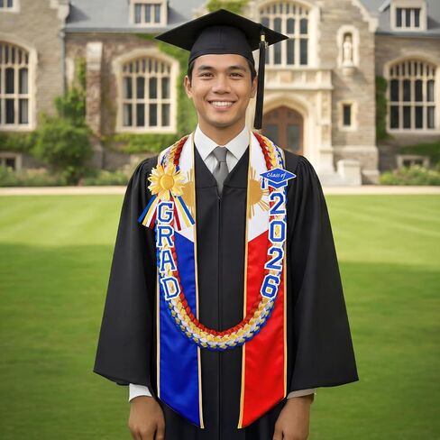 Spakon 2026 Graduation Lei Set, Philippines Embroidered Country Flag Graduation Sash Filipino Stole for Graduate Gifts Party in Kuwait