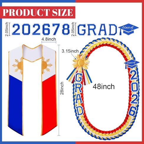 Spakon 2026 Graduation Lei Set, Philippines Embroidered Country Flag Graduation Sash Filipino Stole for Graduate Gifts Party in Kuwait