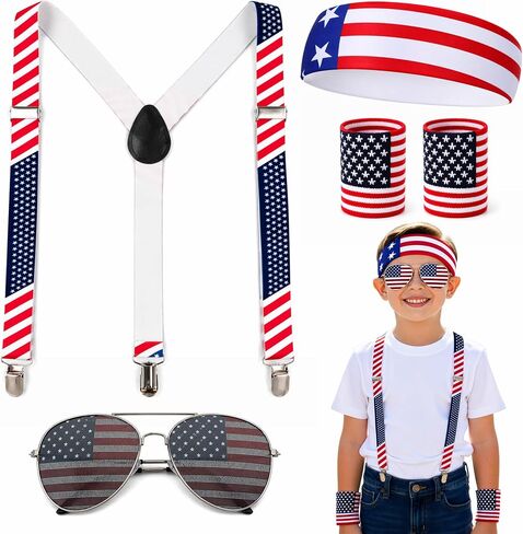 One Size Fits All Patriotic Accessories Set - 250th Anniversary USA Glasses, Adjustable American Flag Suspenders, Wristbands, and Headband - Fun Outfits for Fourth of July Parties and Parades in Saudi Arabia