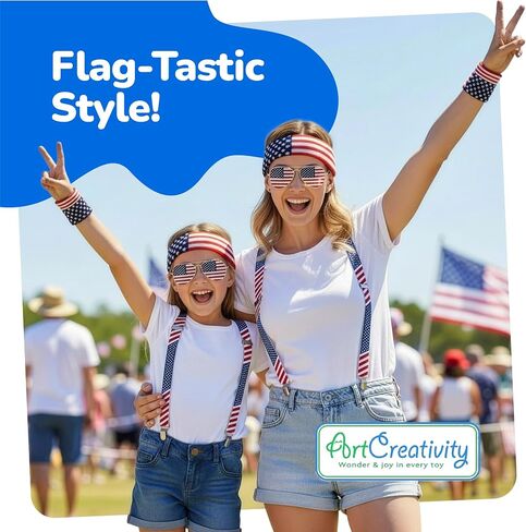 One Size Fits All Patriotic Accessories Set - 250th Anniversary USA Glasses, Adjustable American Flag Suspenders, Wristbands, and Headband - Fun Outfits for Fourth of July Parties and Parades in Saudi Arabia