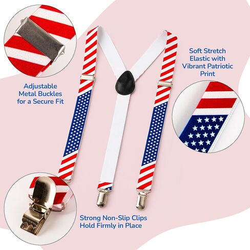 One Size Fits All Patriotic Accessories Set - 250th Anniversary USA Glasses, Adjustable American Flag Suspenders, Wristbands, and Headband - Fun Outfits for Fourth of July Parties and Parades in Saudi Arabia