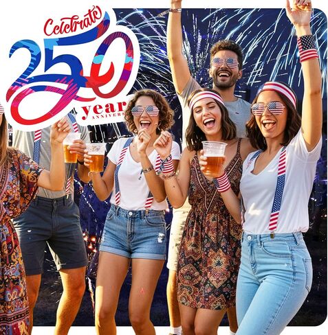 One Size Fits All Patriotic Accessories Set - 250th Anniversary USA Glasses, Adjustable American Flag Suspenders, Wristbands, and Headband - Fun Outfits for Fourth of July Parties and Parades in Saudi Arabia