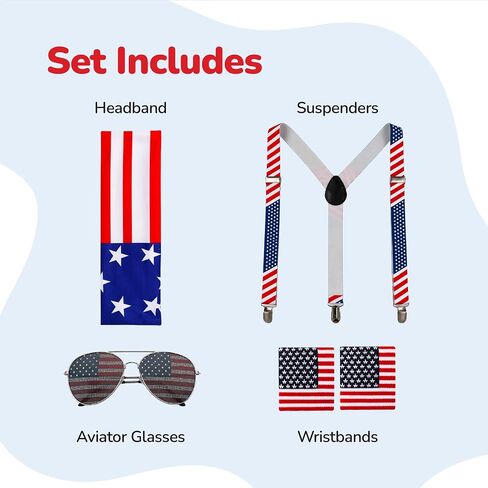One Size Fits All Patriotic Accessories Set - 250th Anniversary USA Glasses, Adjustable American Flag Suspenders, Wristbands, and Headband - Fun Outfits for Fourth of July Parties and Parades in Saudi Arabia