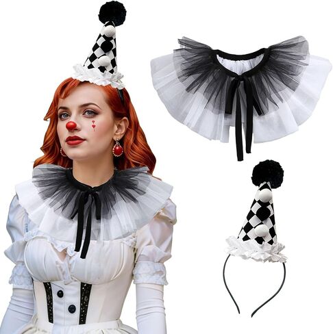 Jester Clown Hat and Ruffle Collar Set,2pcs Halloween Clown Accessories for Carnival Christmas Cosplay Party in Saudi Arabia