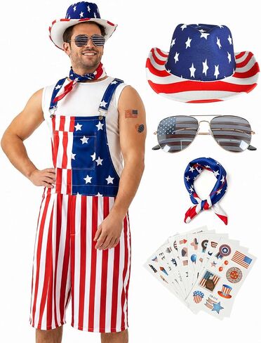 American Flag Overalls Men 14 Pcs 4th of July Bibs Patriotic Shorts Romper Outfit Independence Jumpsuit Costume in Saudi Arabia