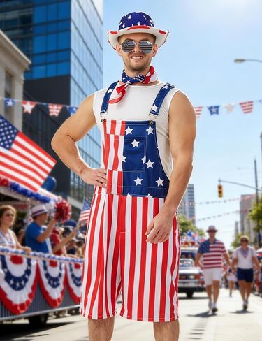 American Flag Overalls Men 14 Pcs 4th of July Bibs Patriotic Shorts Romper Outfit Independence Jumpsuit Costume in Saudi Arabia
