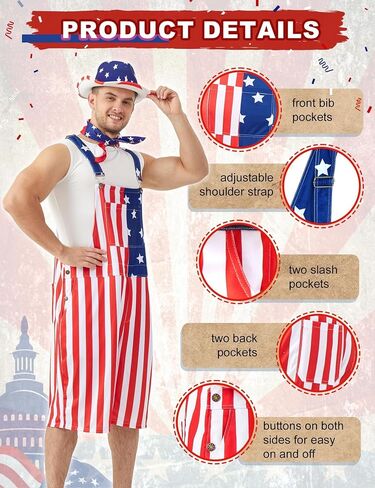 American Flag Overalls Men 14 Pcs 4th of July Bibs Patriotic Shorts Romper Outfit Independence Jumpsuit Costume in Saudi Arabia