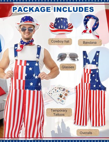 American Flag Overalls Men 14 Pcs 4th of July Bibs Patriotic Shorts Romper Outfit Independence Jumpsuit Costume in Saudi Arabia