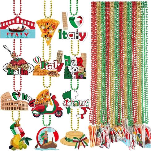 Ecally 36 Pcs Italian Themed Bead Necklaces Party Favors, Italy Gift Decorations Red White Green Beaded Necklaces with 12 Designs, Italian Festival Night Dinner Birthday Party Supplies for Adults in Kuwait