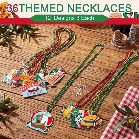 Ecally 36 Pcs Italian Themed Bead Necklaces Party Favors, Italy Gift Decorations Red White Green Beaded Necklaces with 12 Designs, Italian Festival Night Dinner Birthday Party Supplies for Adults in Kuwait