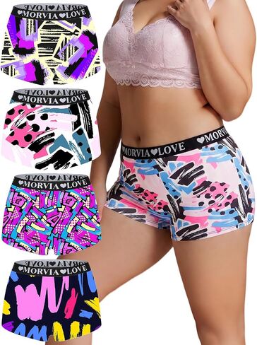 Morvia Women's Plus Size Boxer Briefs, 4 Pack, Heart and Lip Print, Colorful Design, Comfortable Stretchy Elastic Waistband in Saudi Arabia