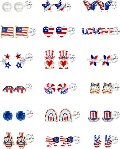 Patriotic Earrings for Women Girls Kids - 18 Pairs American Flag Earrings | Red White and Blue Flat Back Stud Earrings for Independence Day , 4 Years Old+ in Kuwait