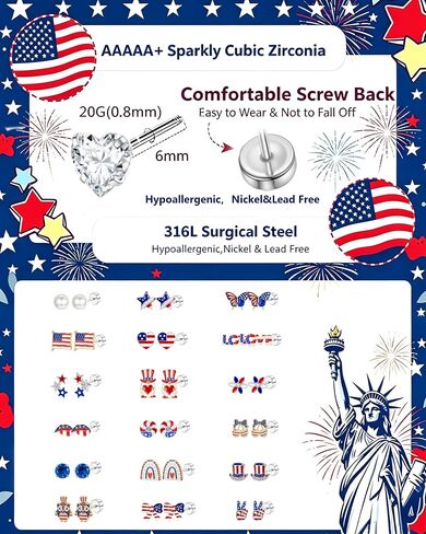 Patriotic Earrings for Women Girls Kids - 18 Pairs American Flag Earrings | Red White and Blue Flat Back Stud Earrings for Independence Day , 4 Years Old+ in Kuwait