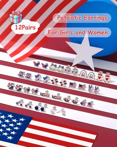 Patriotic Earrings for Women Girls Kids - 18 Pairs American Flag Earrings | Red White and Blue Flat Back Stud Earrings for Independence Day , 4 Years Old+ in Kuwait