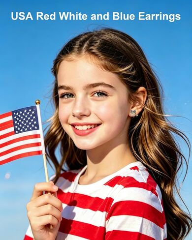 Patriotic Earrings for Women Girls Kids - 18 Pairs American Flag Earrings | Red White and Blue Flat Back Stud Earrings for Independence Day , 4 Years Old+ in Kuwait