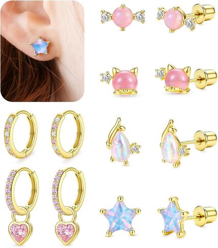 Krfy Hypoallergenic 925 Sterling Silver Earrings for Girls, Toddler Screw Back Stud Earrings, Cute 16K Gold Plated Hoop Earring Stacks Set Small Jewelry Gift in Saudi Arabia