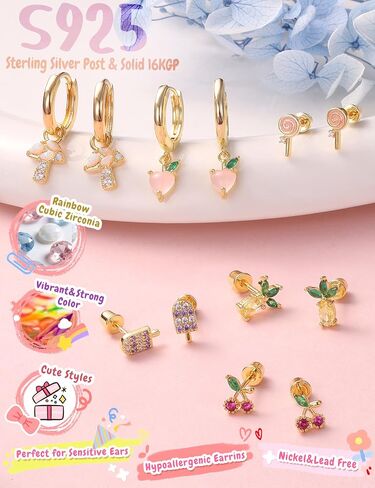 Krfy Hypoallergenic 925 Sterling Silver Earrings for Girls, Toddler Screw Back Stud Earrings, Cute 16K Gold Plated Hoop Earring Stacks Set Small Jewelry Gift in Saudi Arabia