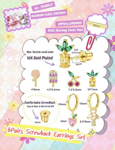 Krfy Hypoallergenic 925 Sterling Silver Earrings for Girls, Toddler Screw Back Stud Earrings, Cute 16K Gold Plated Hoop Earring Stacks Set Small Jewelry Gift in Saudi Arabia