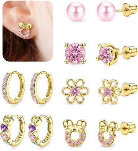 Krfy Hypoallergenic 925 Sterling Silver Earrings for Girls, Toddler Screw Back Stud Earrings, Cute 16K Gold Plated Hoop Earring Stacks Set Small Jewelry Gift in Saudi Arabia