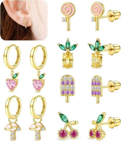 Krfy Hypoallergenic 925 Sterling Silver Earrings for Girls, Toddler Screw Back Stud Earrings, Cute 16K Gold Plated Hoop Earring Stacks Set Small Jewelry Gift in Saudi Arabia