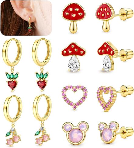 Krfy Hypoallergenic 925 Sterling Silver Earrings for Girls, Toddler Screw Back Stud Earrings, Cute 16K Gold Plated Hoop Earring Stacks Set Small Jewelry Gift in Saudi Arabia